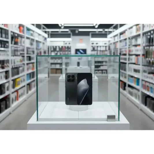 Smartphone Xiaomi esposto in vetrina in un negozio di elettronica con molteplici accessori