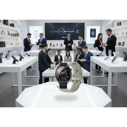 Xiaomi Smartwatch con quadrante elegante e cinturino bianco in un ambiente moderno di vendita al dettaglio