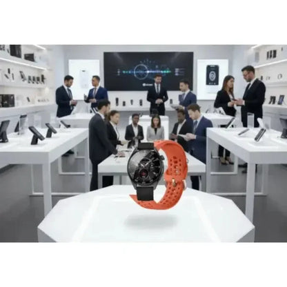 Xiaomi Smartwatch con cinturino arancione in un ambiente moderno e professionale