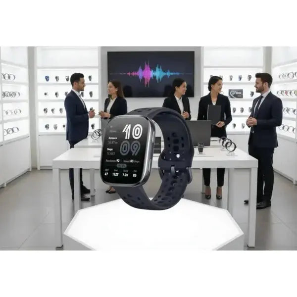Xiaomi Smartwatch con display digitale in uno showroom moderno con professionisti in abito elegante