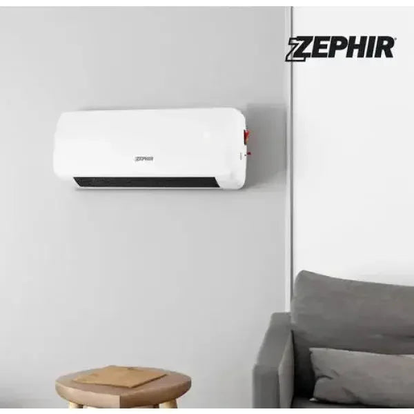 Stufa Zephir a parete bianca con design moderno in un ambiente accogliente