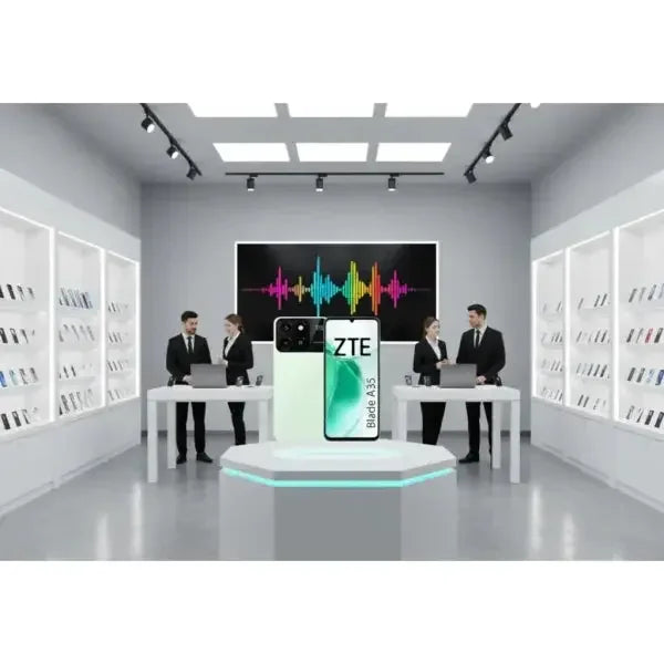 Smartphone ZTE Blade A35 con display elegante in un negozio di elettronica moderno